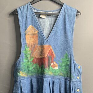 Hand Painted Jean Denim Maxi Dress Womens Large Jumper Sportswear Modest Farm